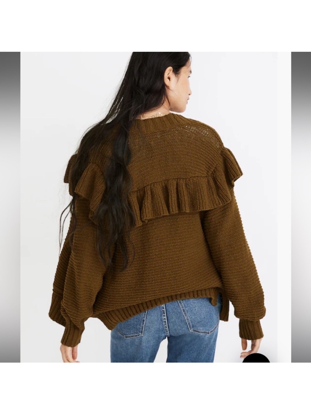 Madewell Olive Brown Ruffle-Back Open Cardigan Sweater, Size Large